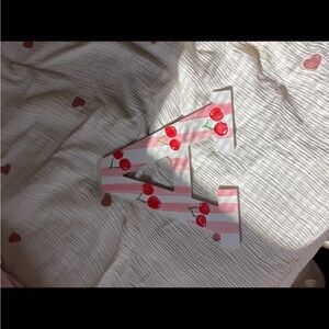 Pink and White Striped Letter A with Cherry Design